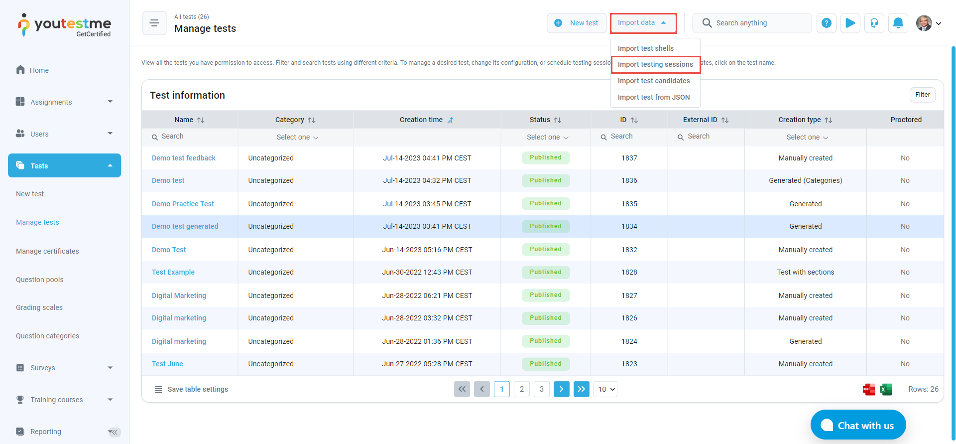 Load testing sessions - Import data button