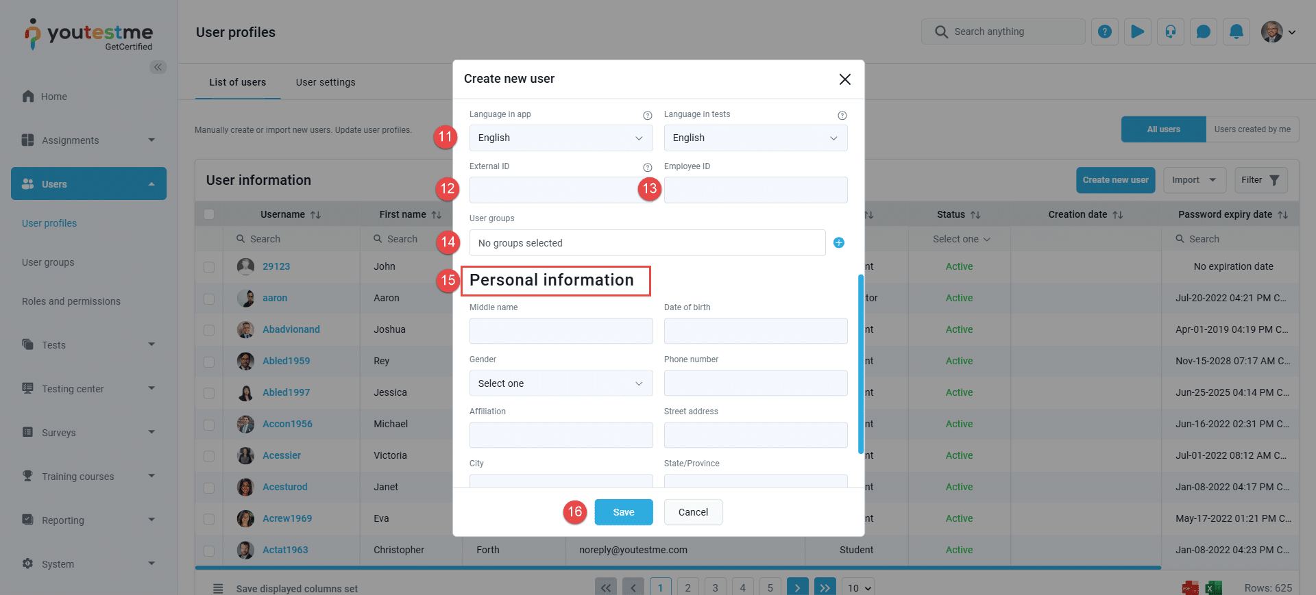 Personal information settings