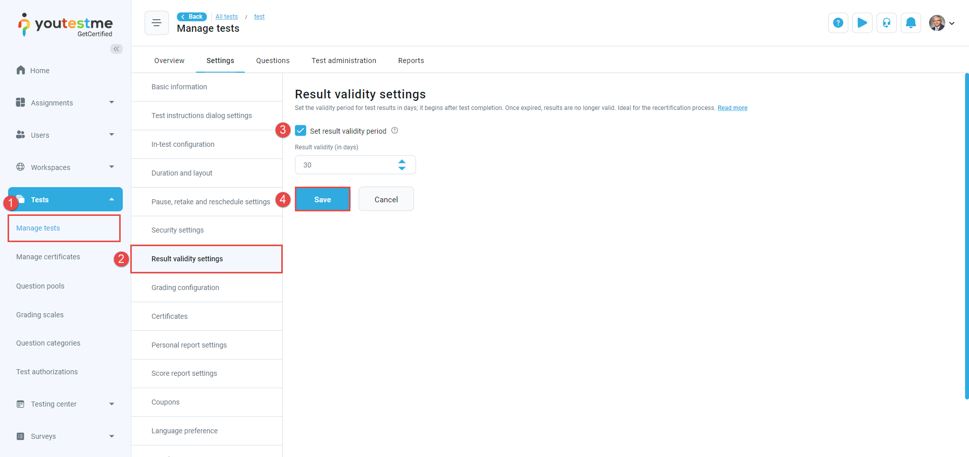 Result validity settings