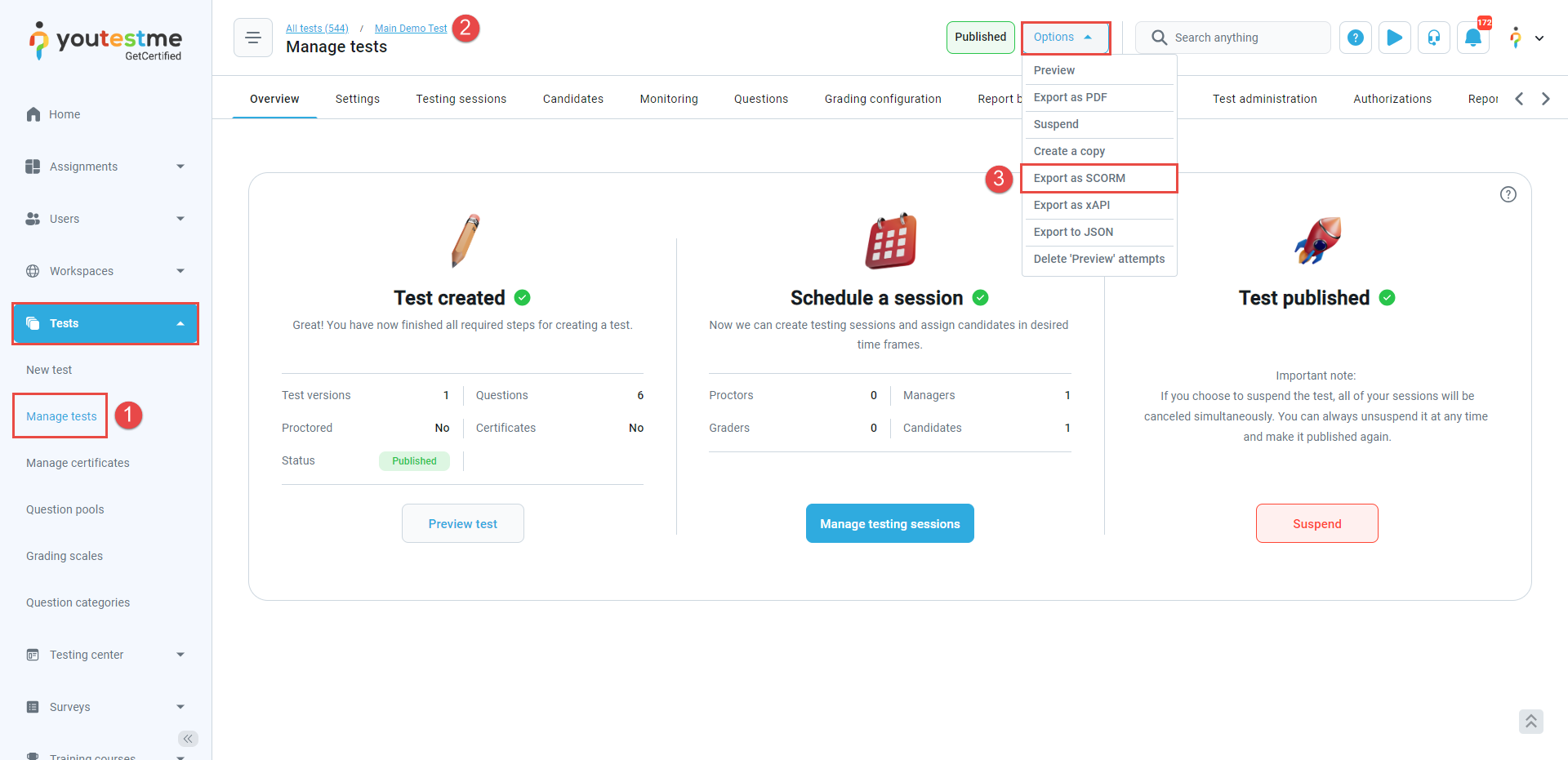 How to export test in SCORM format - YouTestMe