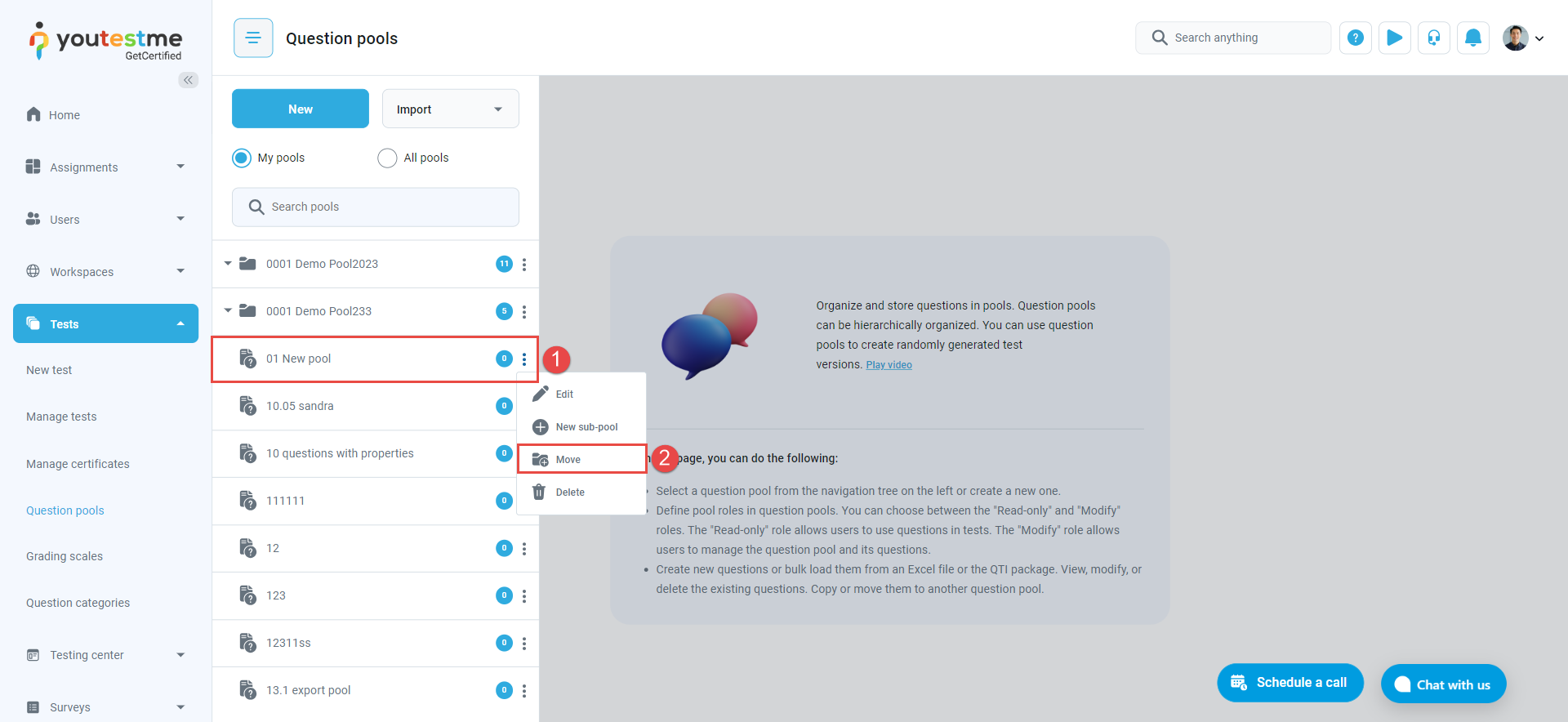 How to move question pools in the Youtestme app.