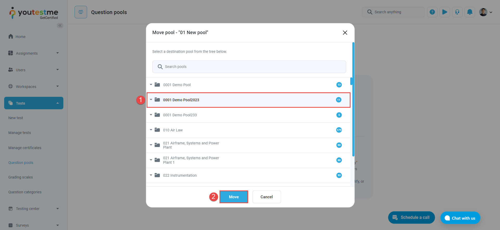 How to move question pools in the Youtestme app.