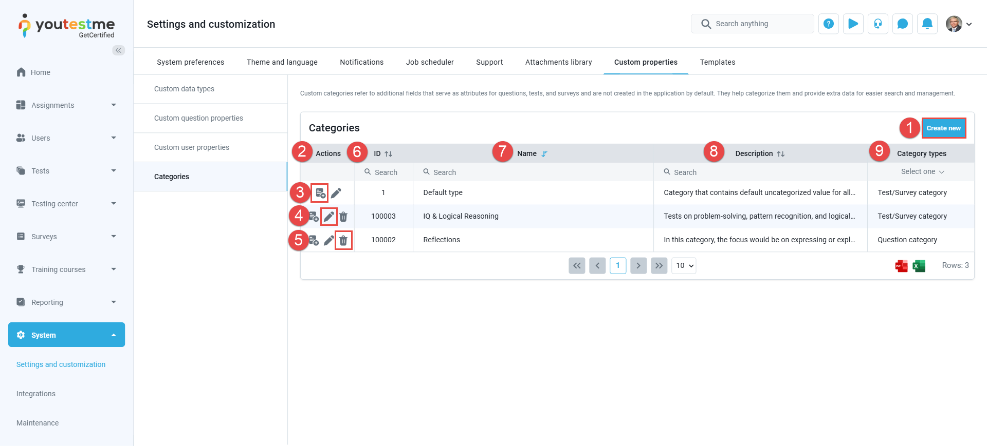 Custom properties - categories tab