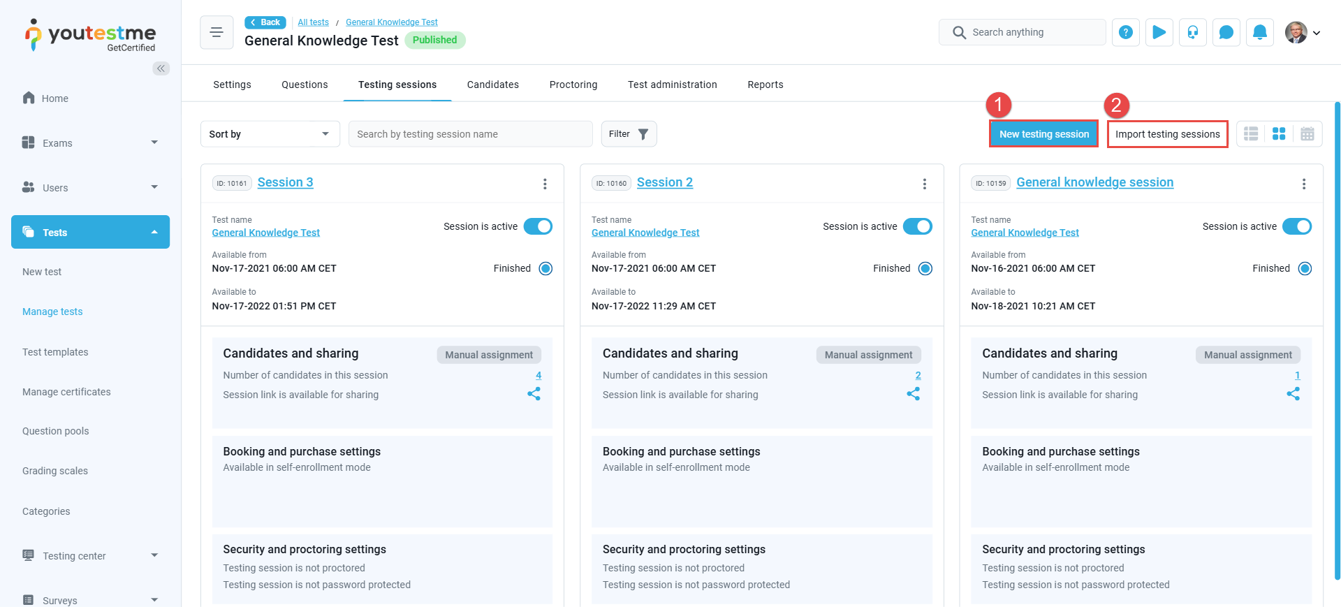 Manage tests- Testing session