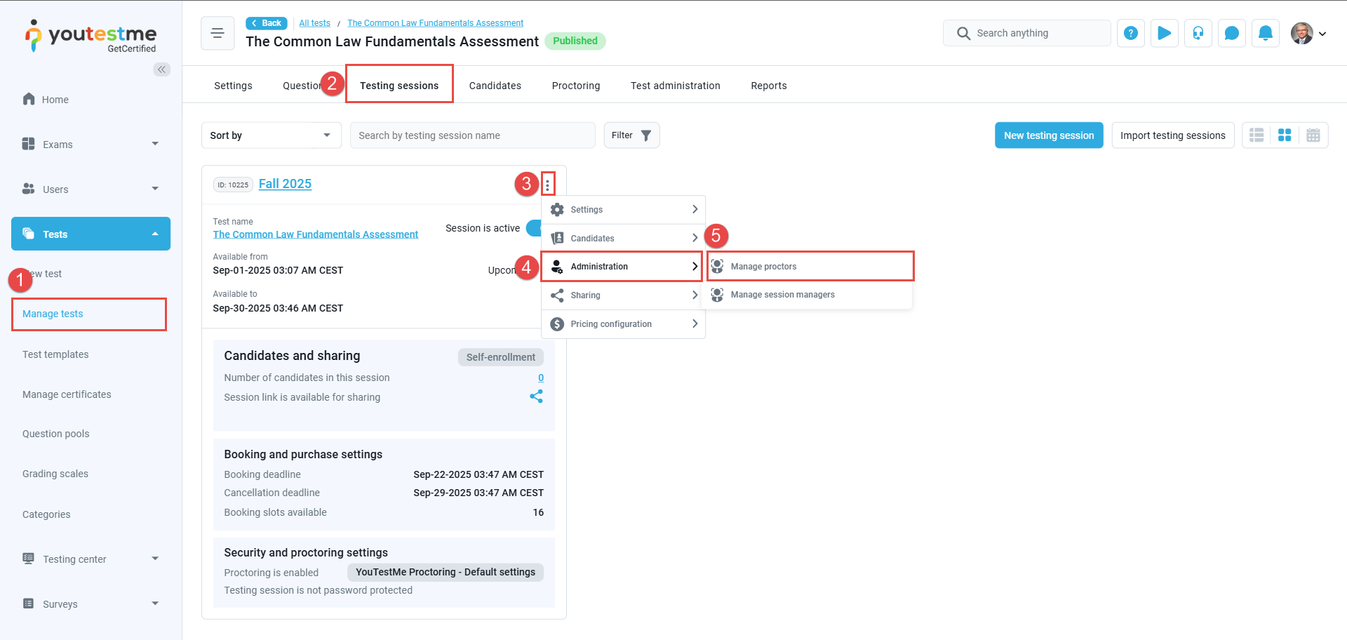 Assign proctors -Manage Tests