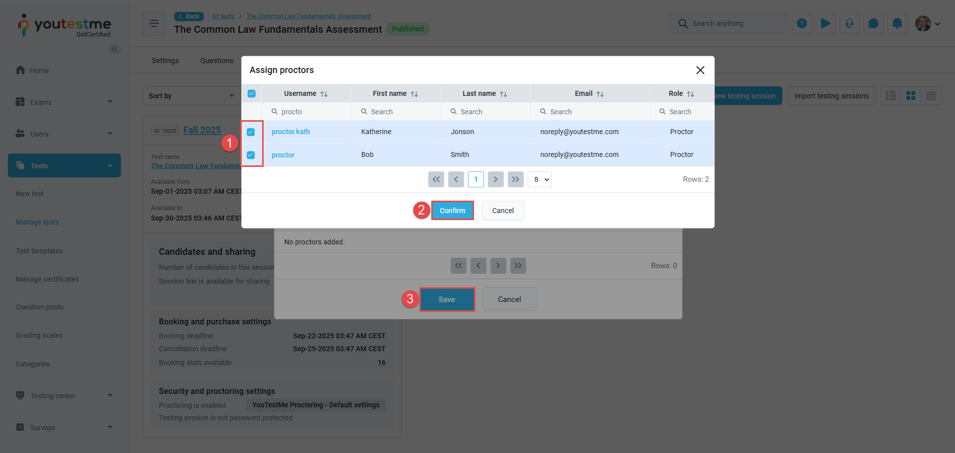 Assign proctors - Select Proctors