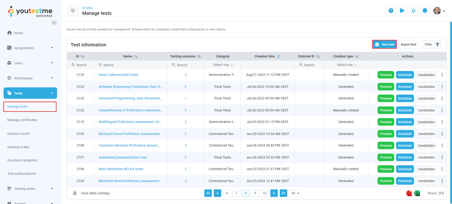 New Test - Manage tests