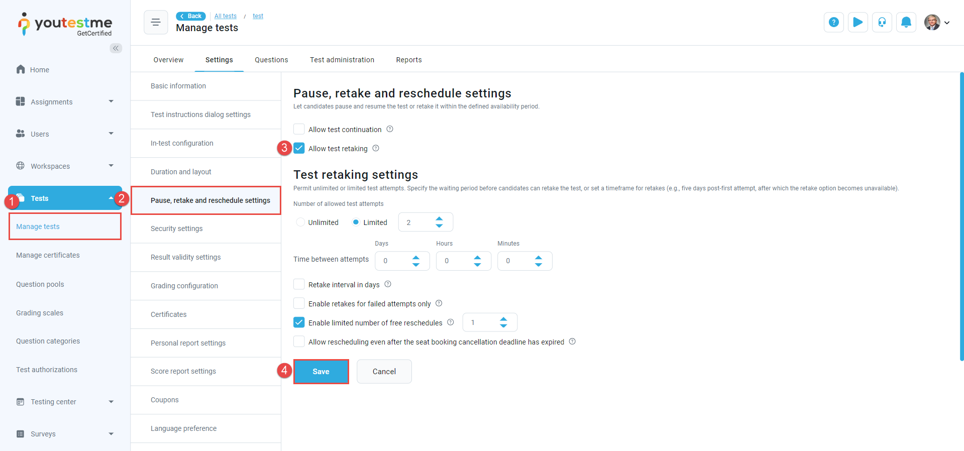 Pause, retake and reschedule settings - published