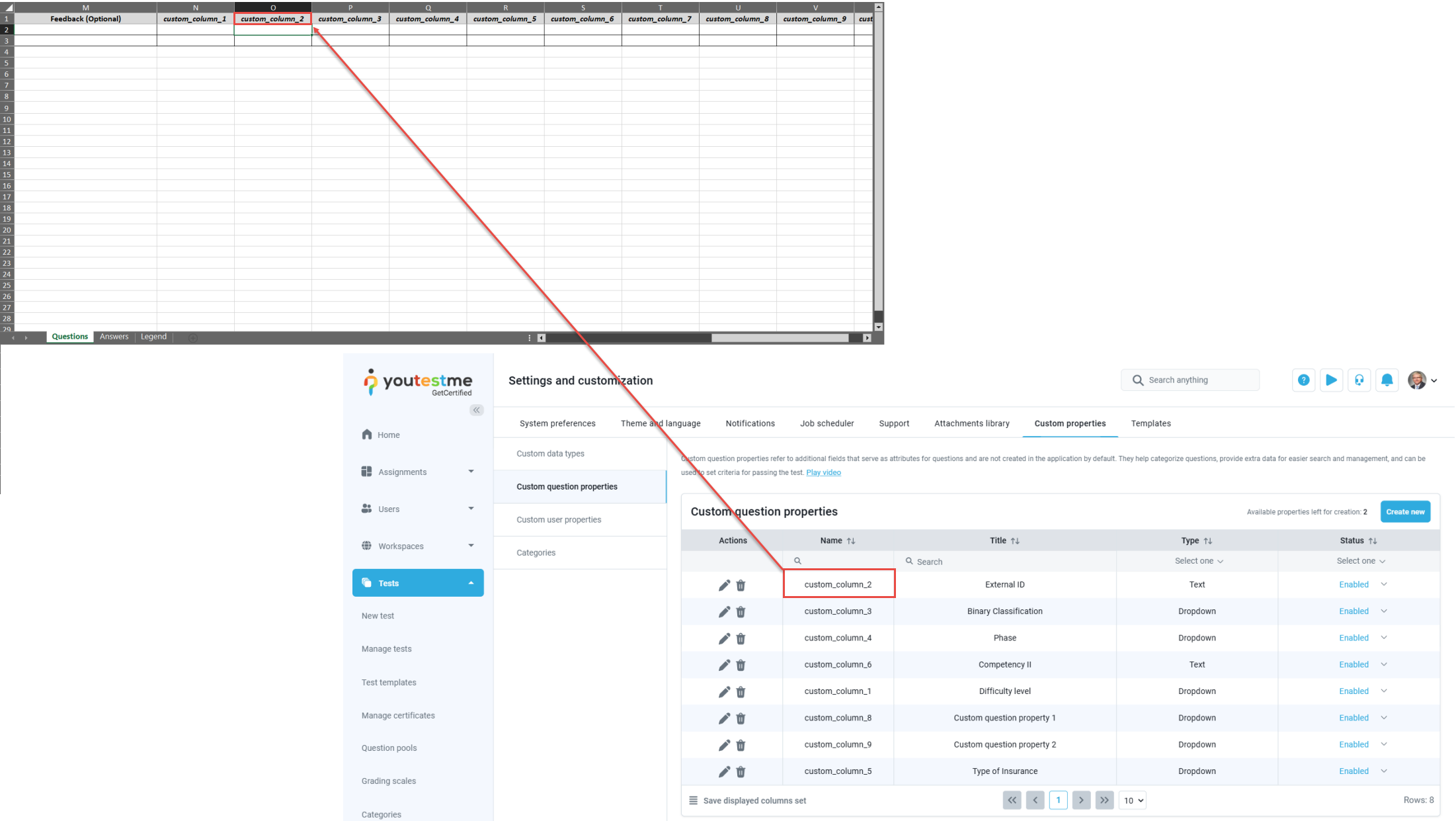 Custom Questions properties - Questions upload