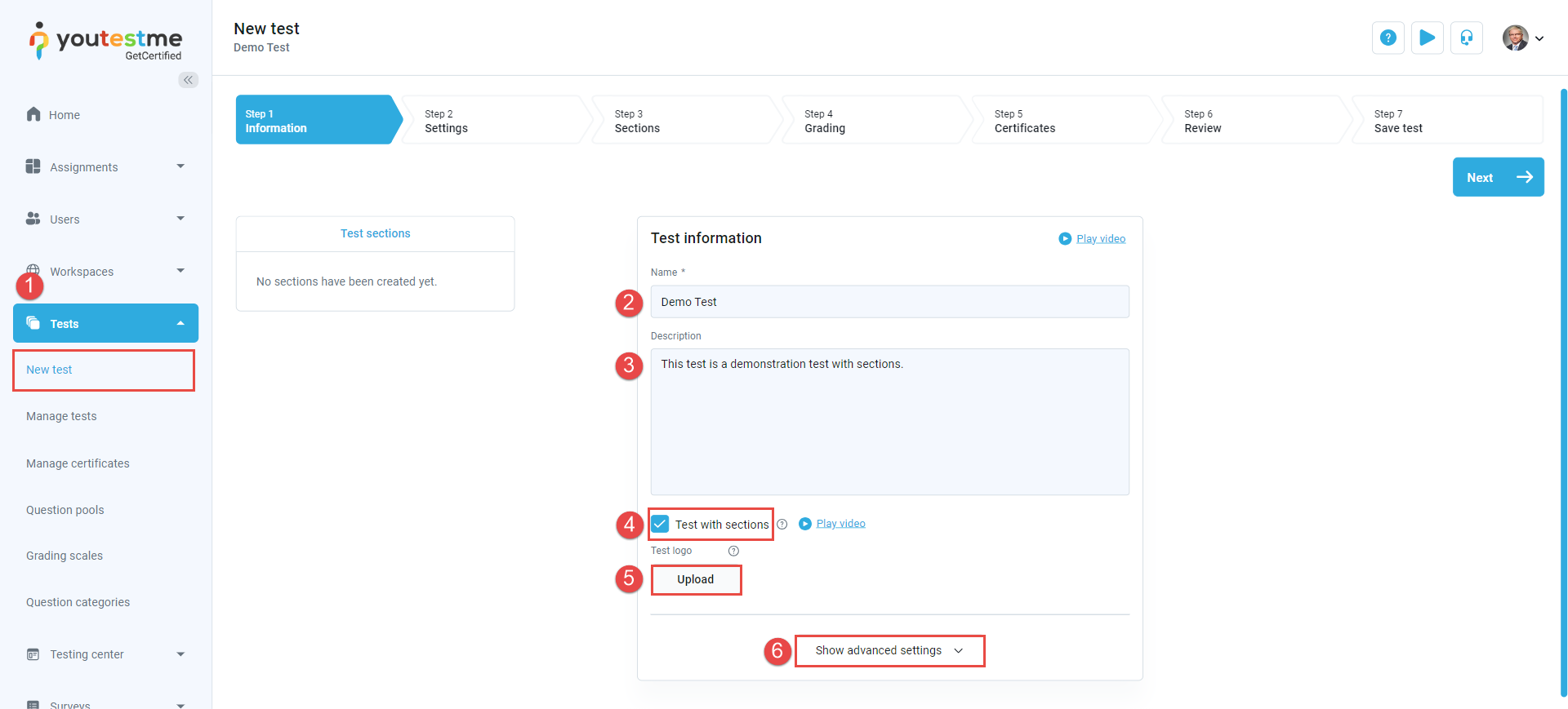 Creating a test with sections