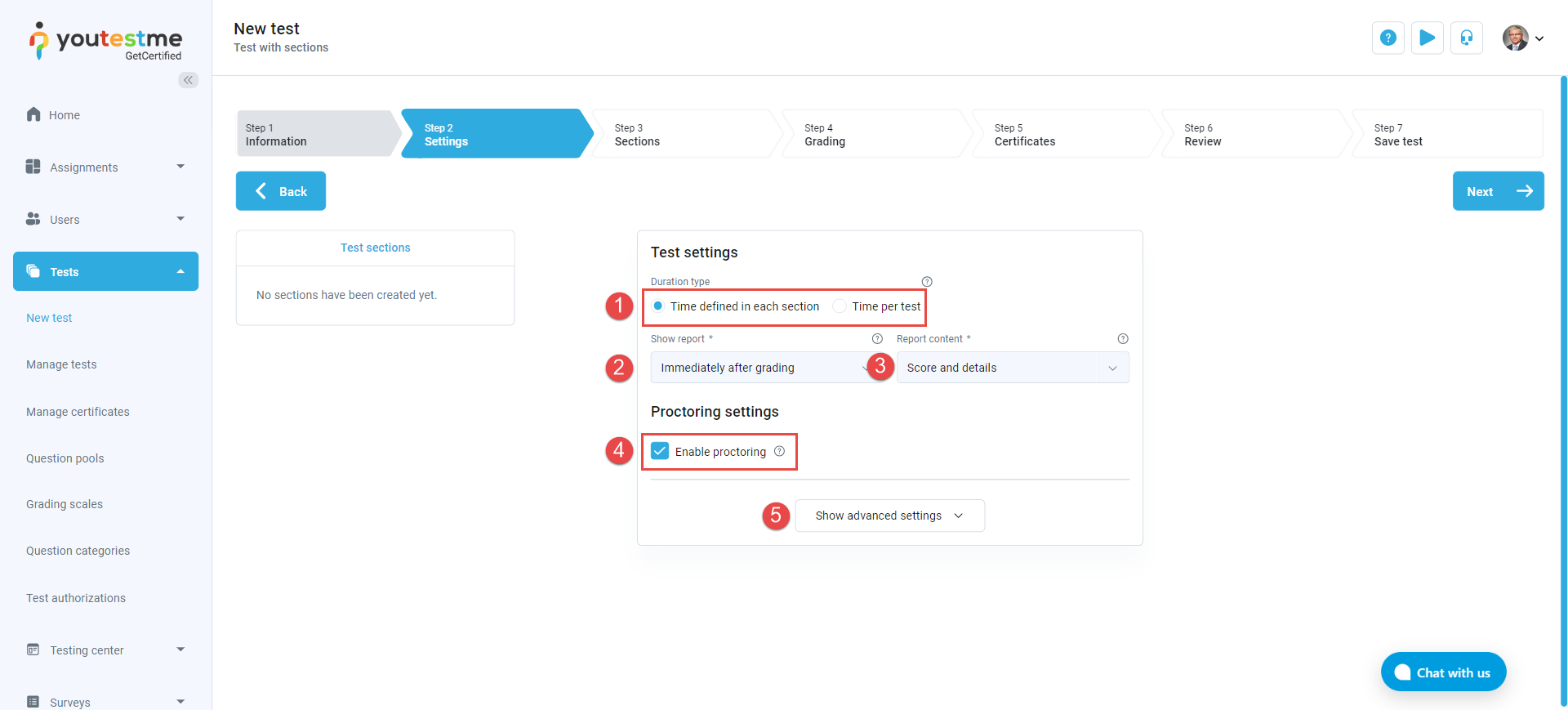 Step 2 - test settings