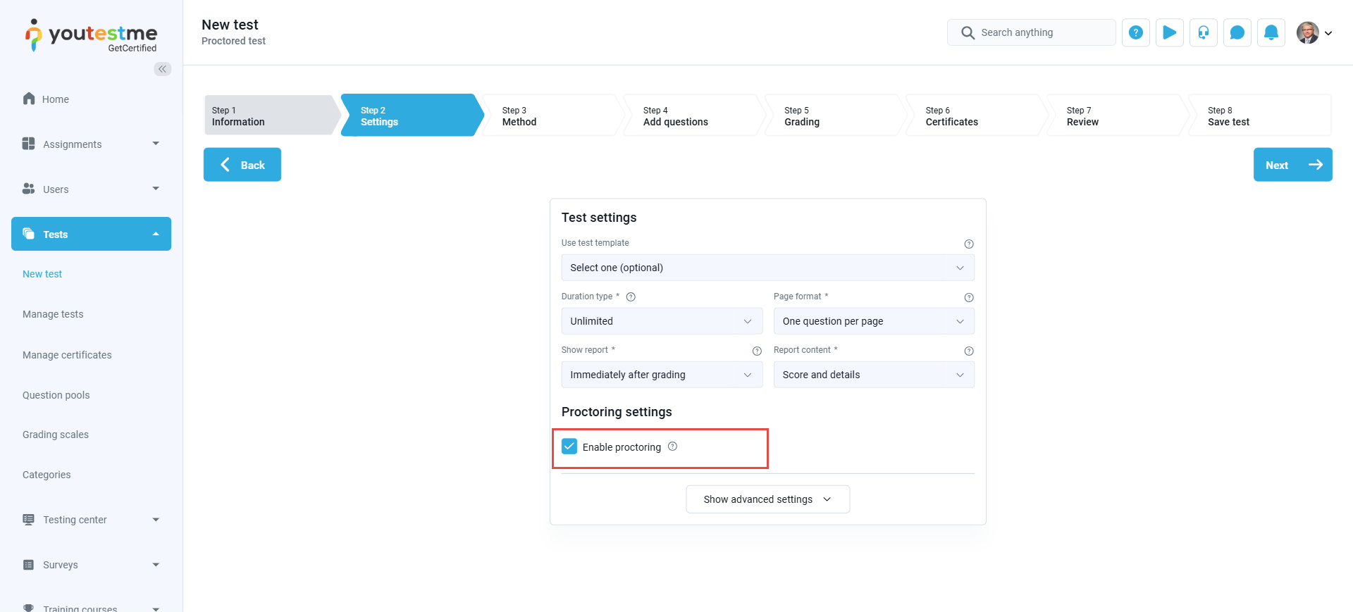 enable proctoring - test creation