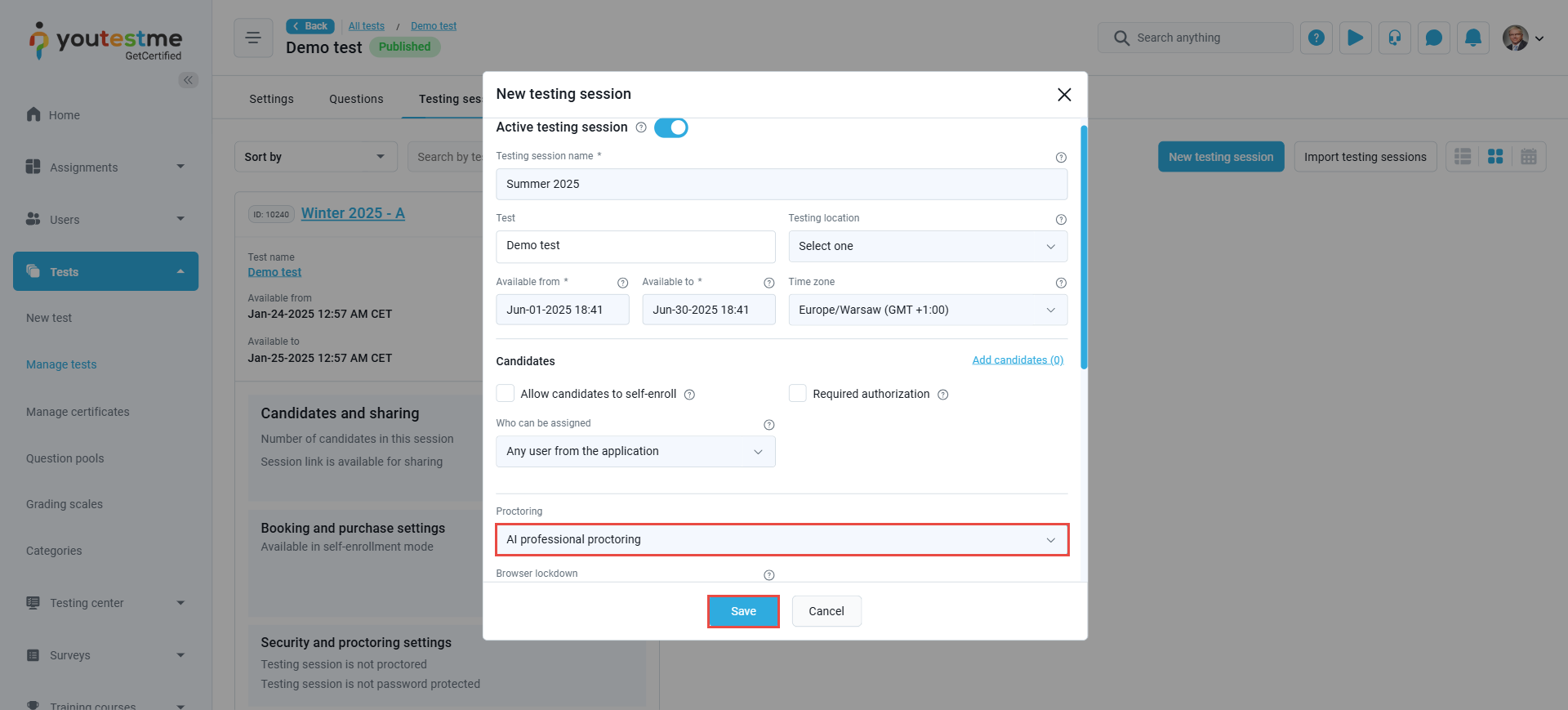 enable proctoring - test session