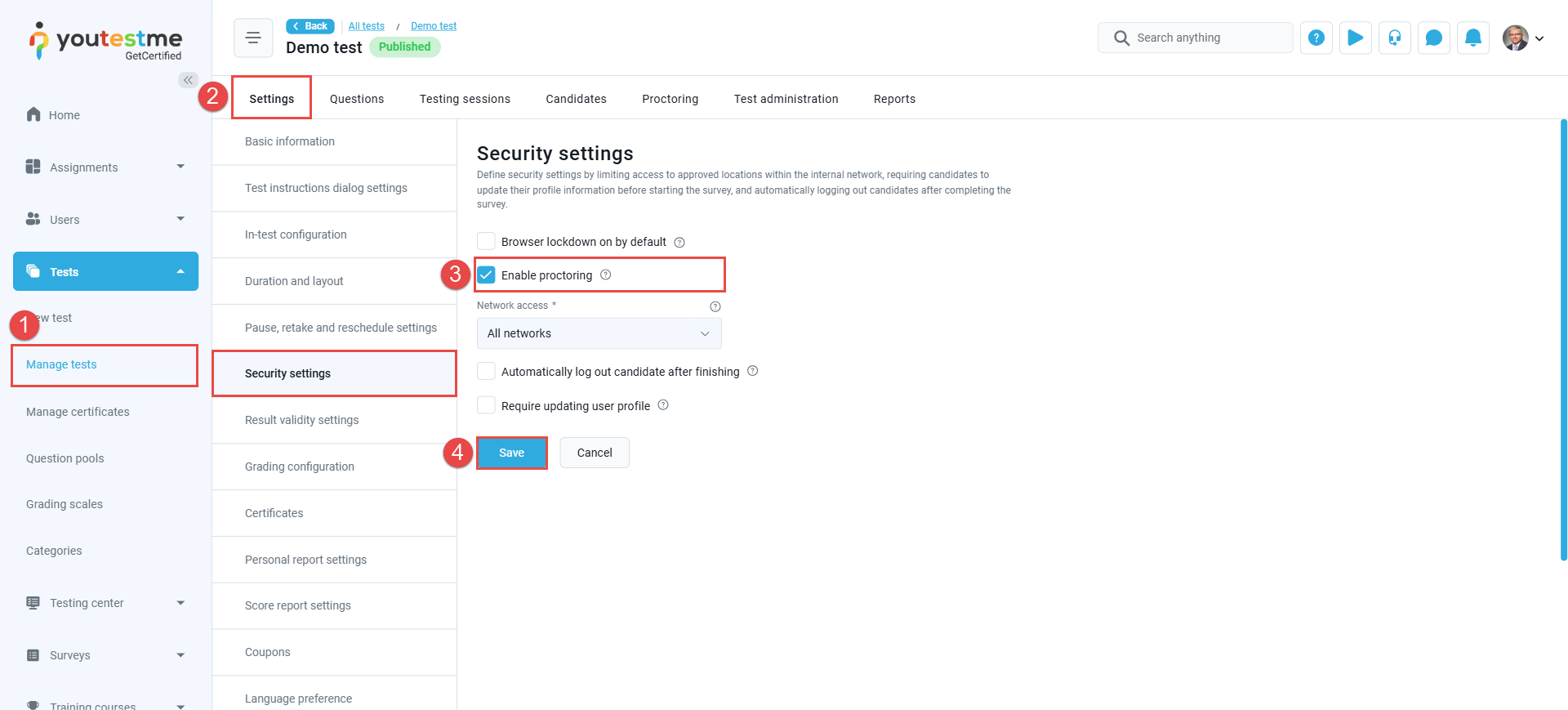 enable proctoring - test settings