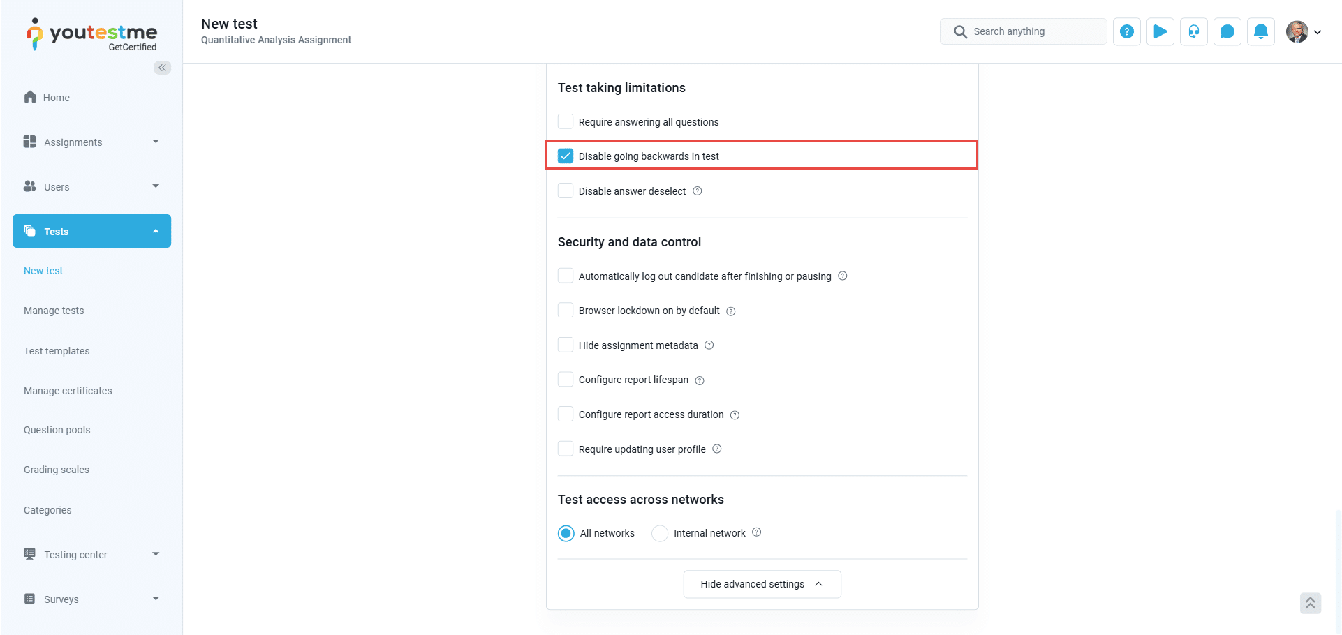 Disable Going Backwords in test