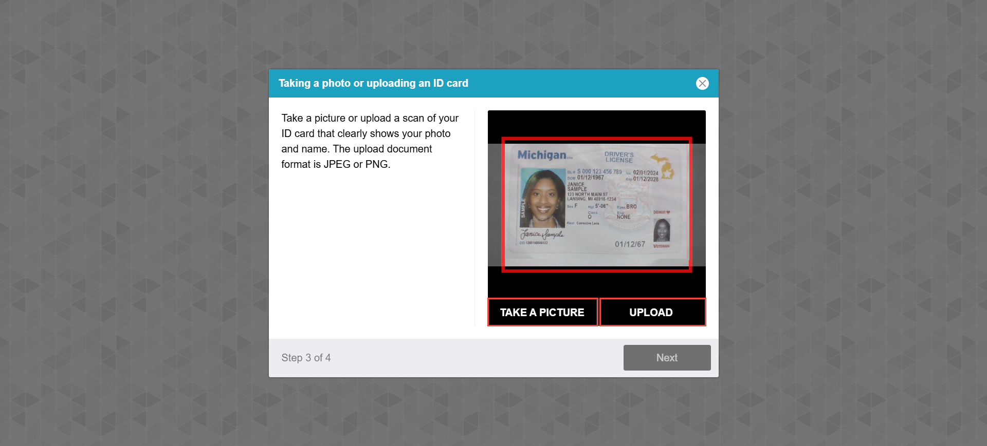 ID verification - Take a picture or upload