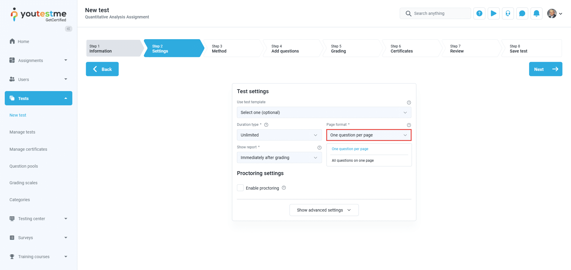 One Question Per page format