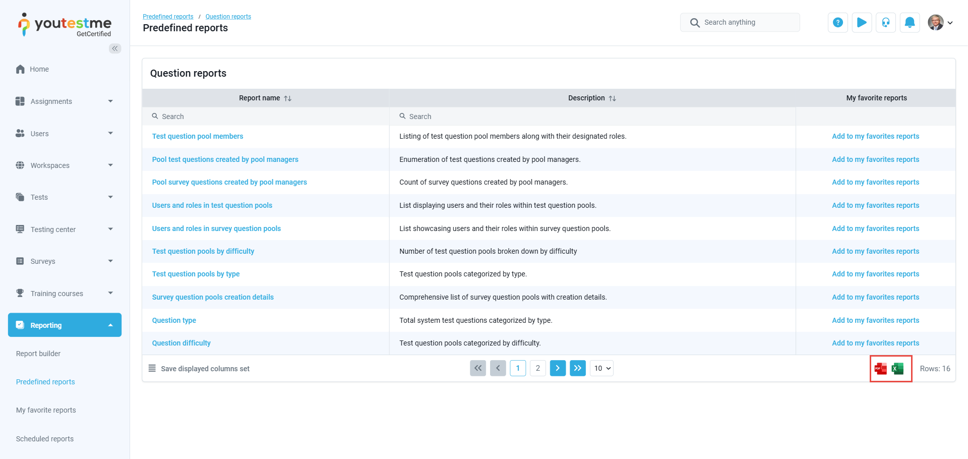 Predefined reports - Question reports