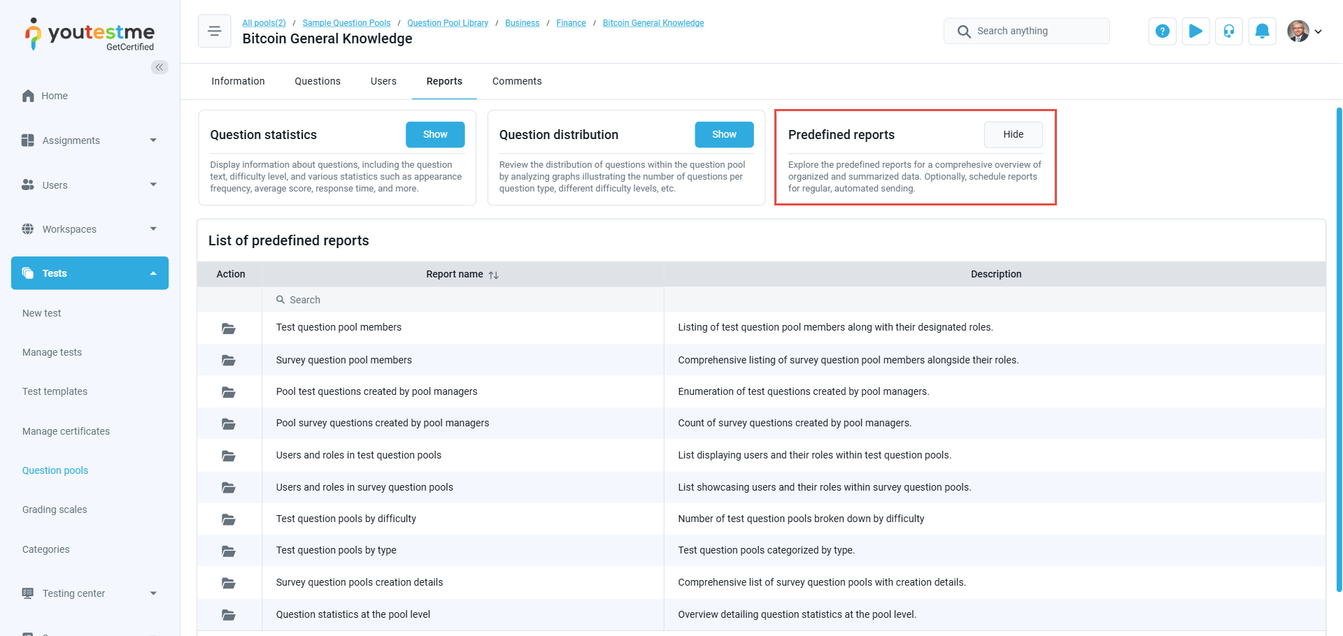 Questions report - Predefined reports