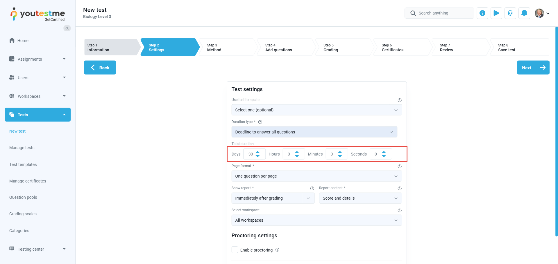 Test Duration Types - Deadline to answer All questions Test Creator perspective