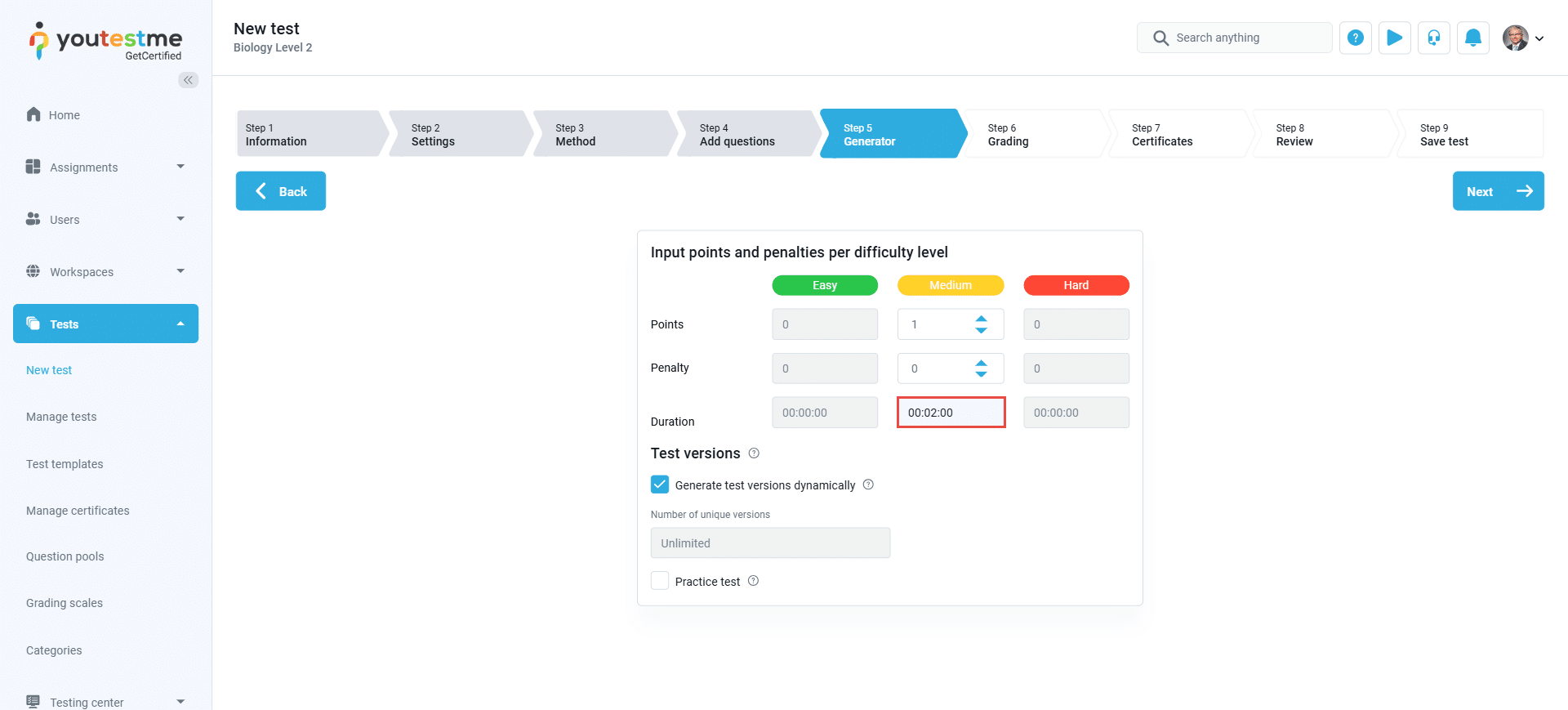 Test Duration Types - Time per question - Test creation