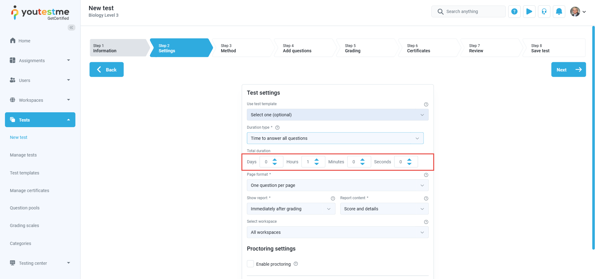 Test Duration Types - Time to answer All questions Test Creator perspective