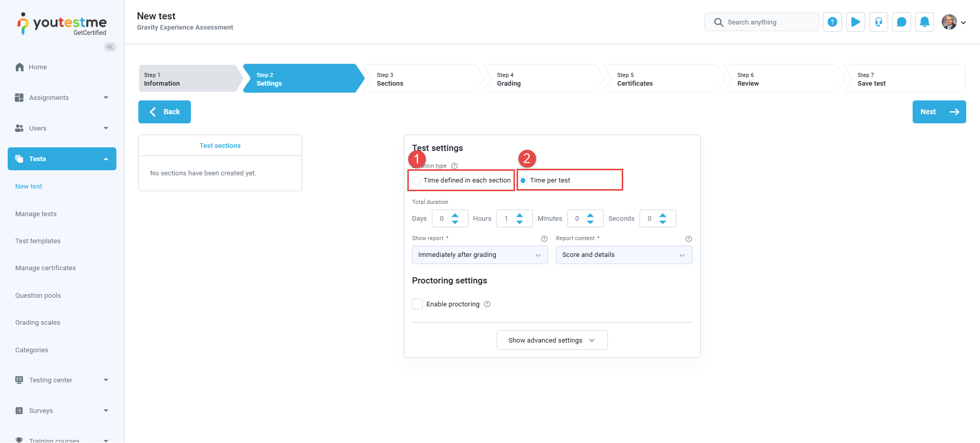 Test duration types - Test with sections